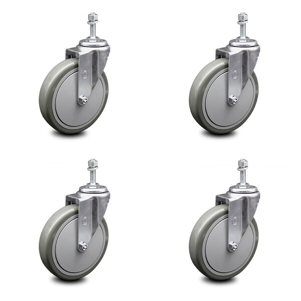 6 Inch Gray Polyurethane Wheel Swivel 3/8 Inch Threaded Stem Caster Set SCC